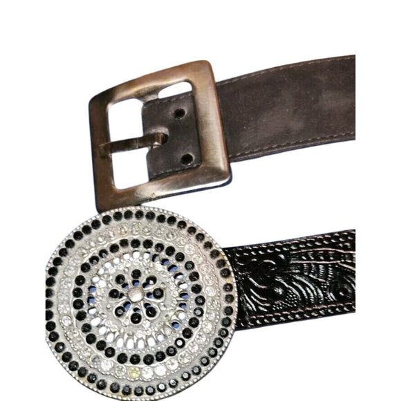 3 Lot Leather Belt Perry Ellis & Floral Embossed Black Full Grain Cowhide Xl + 1 - Picture 1 of 16
